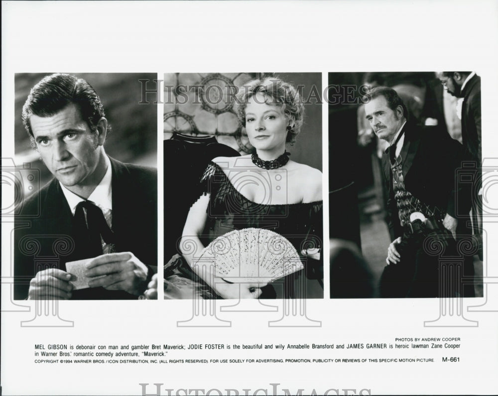 1994 Press Photo &quot;Maverick&quot;Mel Gibson,Jodie Foster, James Garner - Historic Images