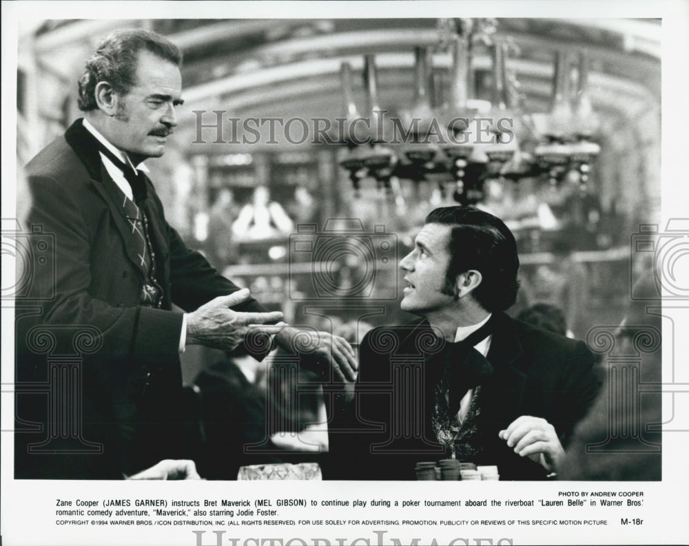 1994 Press Photo "Maverick" Mel Gibson Jodie Foster James Garner Actor - Historic Images