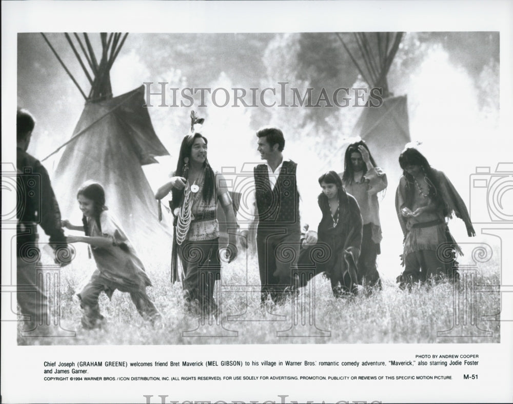 1994 Press Photo "Maverick" Mel Gibson Jodie Foster James Garner Graham Greene - Historic Images