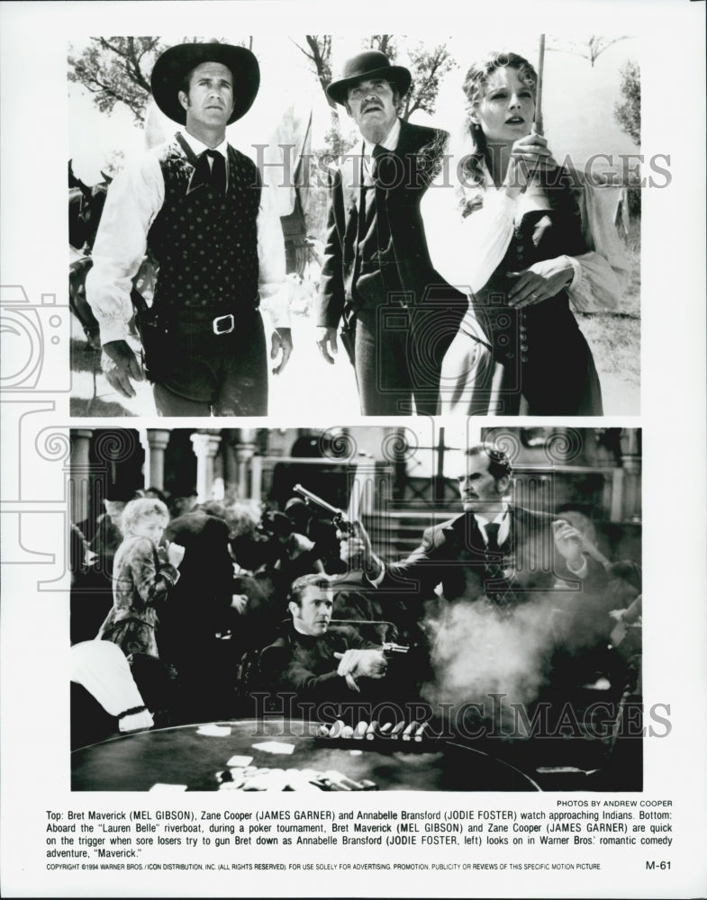 1994 Press Photo Mel Gibson James Garner Jodie Foster star in &quot;Maverick&quot; - Historic Images