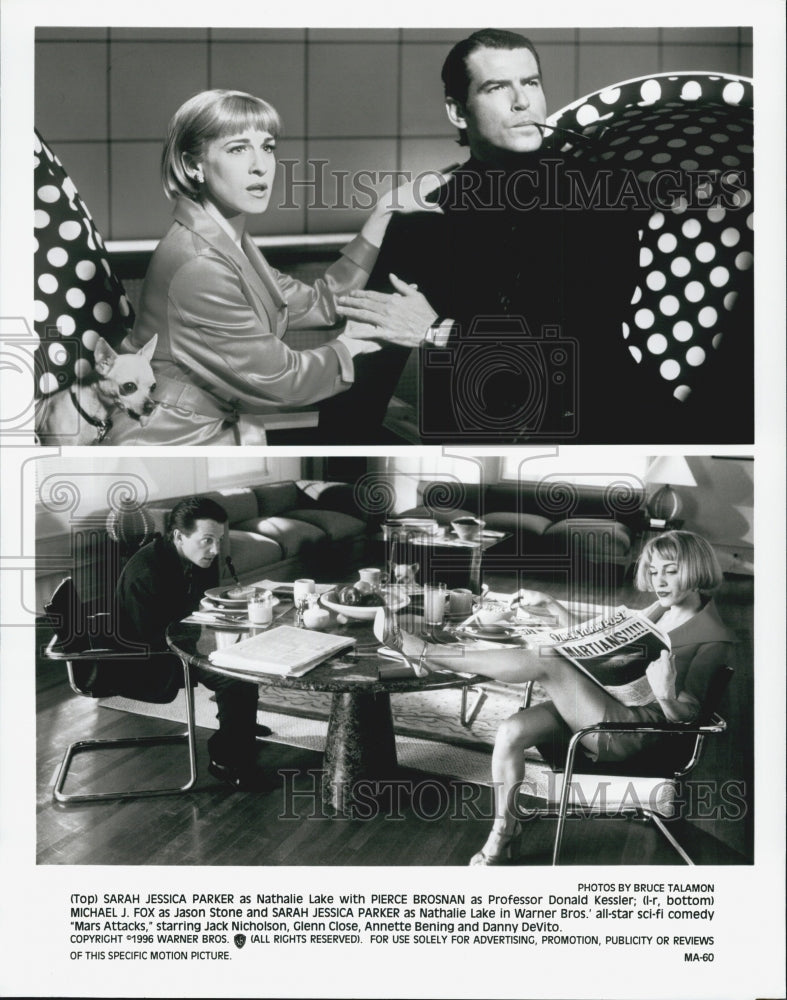 1996 Press Photo  "Mars Attacks" Pierce Brosnan,SJ Parker, Michael J Fox - Historic Images