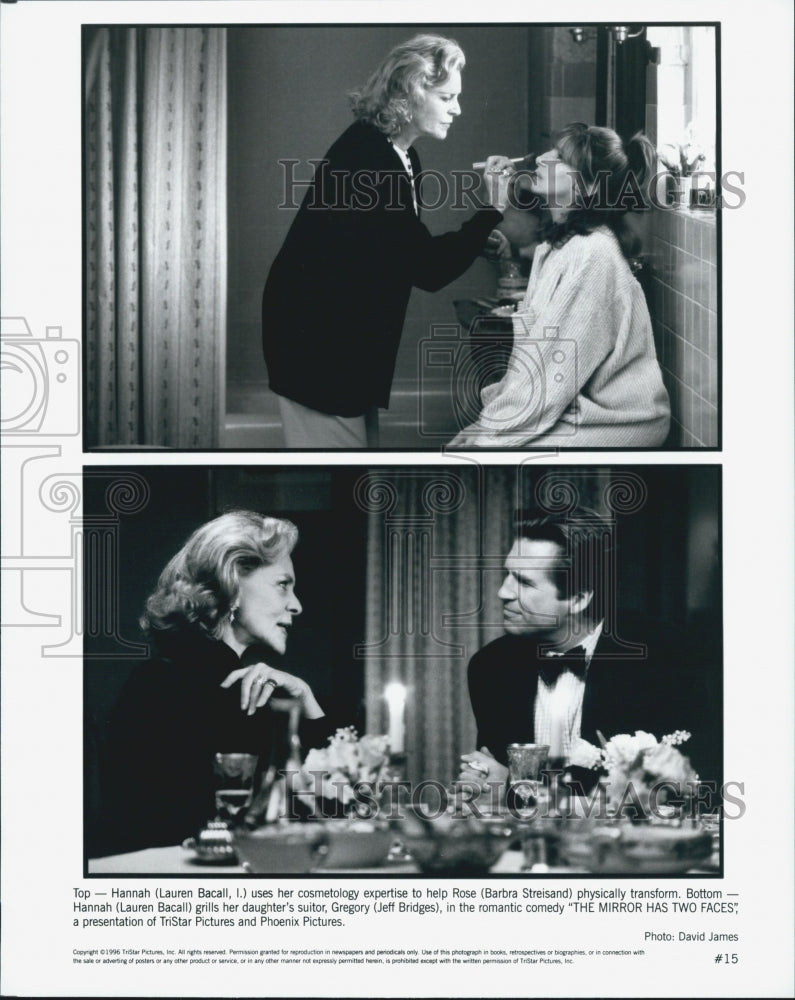 1996 Press Photo Lauren Bacall, Barbra Streisand in "The Mirror Has Two Faces" - Historic Images