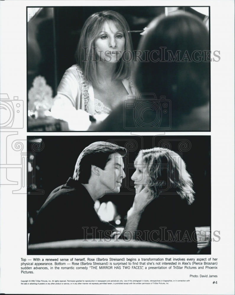 1996 Press Photo Actress Barbra Streisand, Pierce Brosnan &quot;Mirror Has Two Faces&quot; - Historic Images