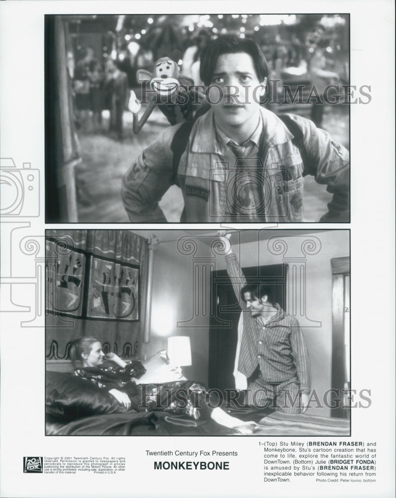 2001 Press Photo Actor Brendan Fraser, Bridget Fonda in "Monkeybone" Film - Historic Images
