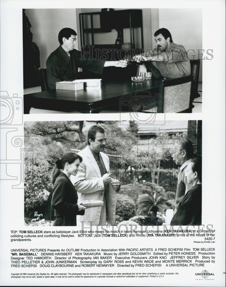 1992 Press Photo Tom Selleck, Ken Takakura, Aya Takanashi in &quot;Mr. Baseball&quot; - Historic Images