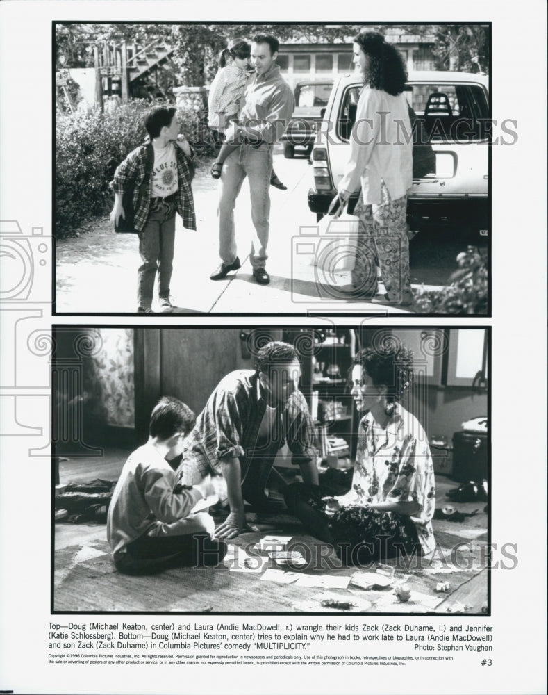 1996 Press Photo Michael Keaton, Andie MacDowell, Zack Duhame In "Multiplicity" - Historic Images