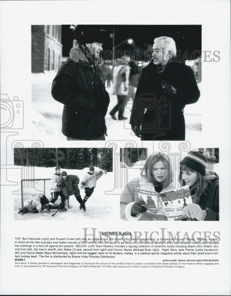 1999 Press Photo &quot;Mystery Alaska&quot; Burt Reynolds,Russell Crowe,Michael Blue - Historic Images