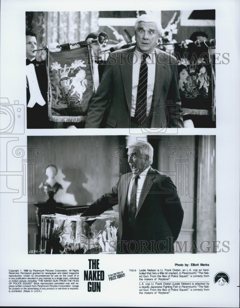 1988 Press Photo Leslie Nielsen &quot;The Naked Gun From The Files Of Police Squad&quot; - Historic Images