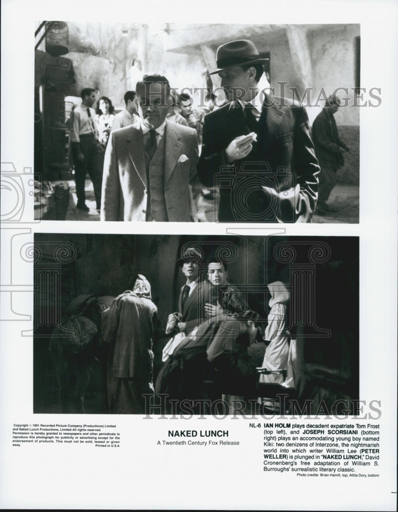 1981 Press Photo Ian Holm, Joseph Schorsiani, Peter Weller in "Naked Lunch" - Historic Images