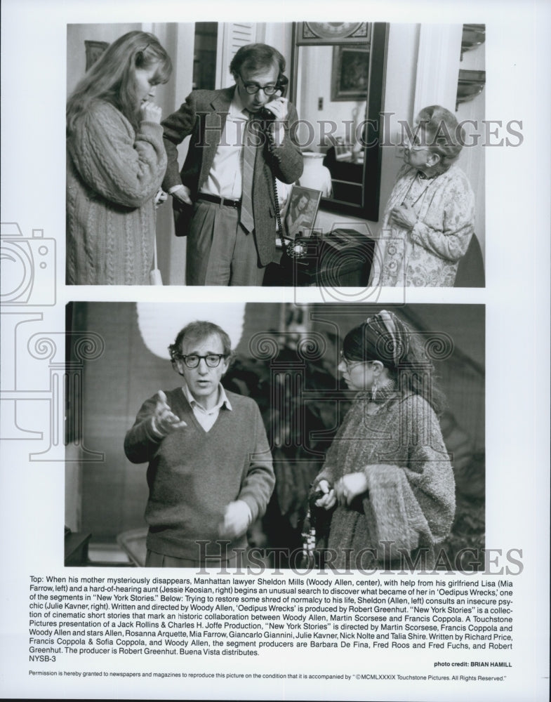 1989 Press Photo Woody Allen, Jessie Keosian, Mia Farrow &quot;New York Stories&quot; - Historic Images