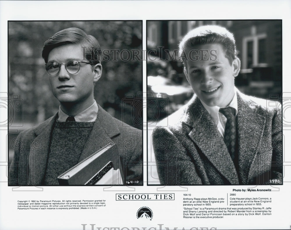 1992 Press Photo Anthony Rapp &amp; Cole Hauser Star in &quot;School Ties&quot; - Historic Images