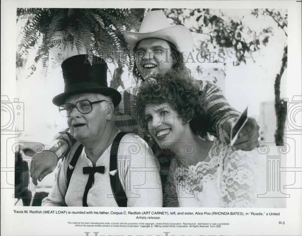 1980 Press Photo Meat Loaf, Art Carney and Rhonda Bates in &quot;Roadie&quot; - Historic Images