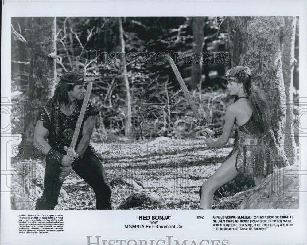 1985 Press Photo &quot;Red Sonja&quot; Arnold Schwarzenegger &amp; Brigitte Nielsen - Historic Images