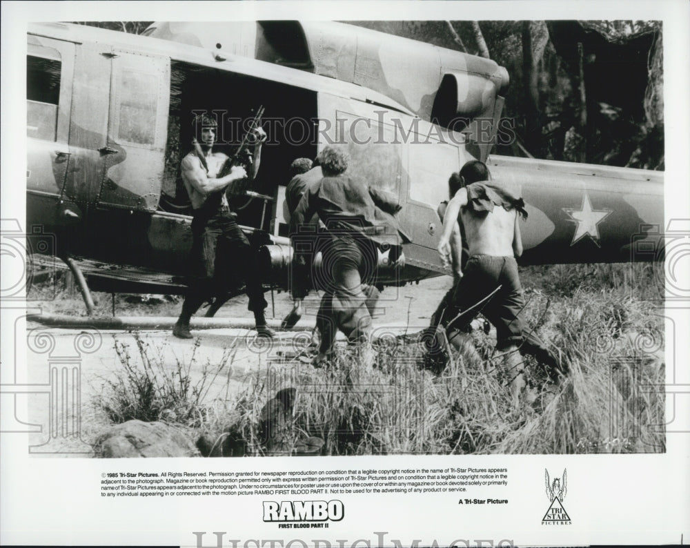 1985 Press Photo Actor Sylvester Stallone in "Rambo: First Blood Part II" Film - Historic Images