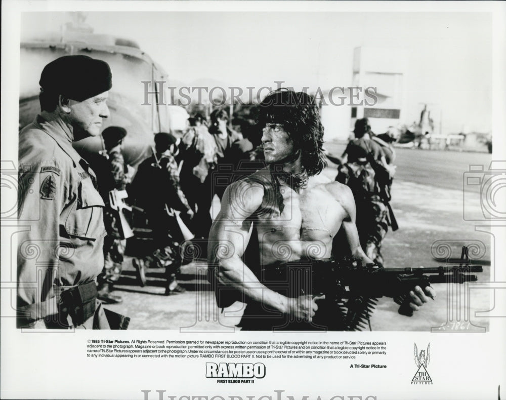 1985 Press Photo Actor Sylvester Stallone in "Rambo: First Blood Part II" Film - Historic Images