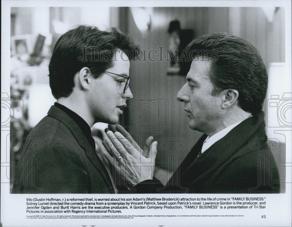 1989 Press Photo Dustin Hoffman and Mathew Broderick Star in "Family Business" - Historic Images