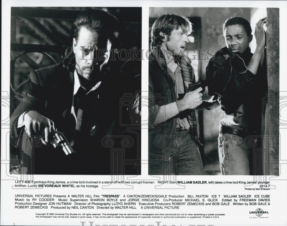 1992 Press Photo &quot;Trespass&quot; Stars Ice T William Sadler De&#39;Voreaux White - Historic Images