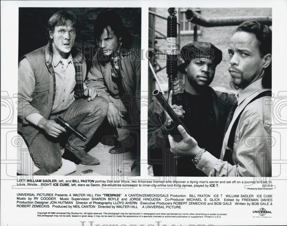 1992 Press Photo &quot;Trespass&quot; Star William Salder Bill Paxton Ice Cube and Ice T - Historic Images