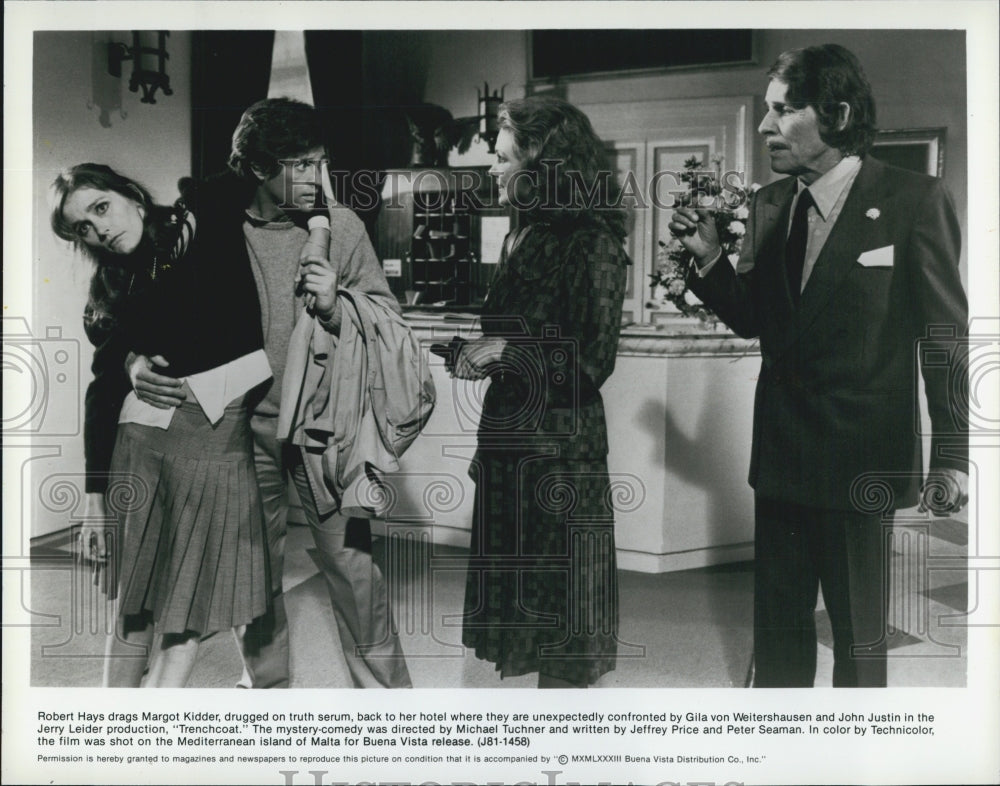 1983 Press Photo Mystery-Comedy Trenchcoat Actors Margot Kidder and Robert Hays - Historic Images