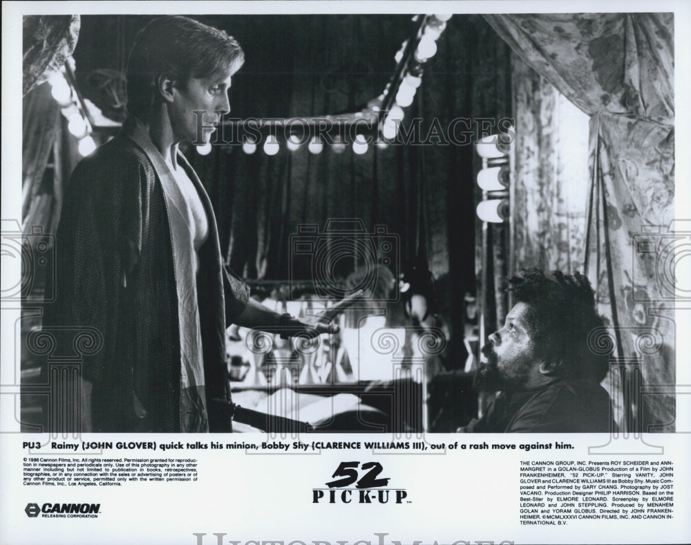 1986 Press Photo John Glover, Clarence Williams III "52 Pick-Up" - Historic Images