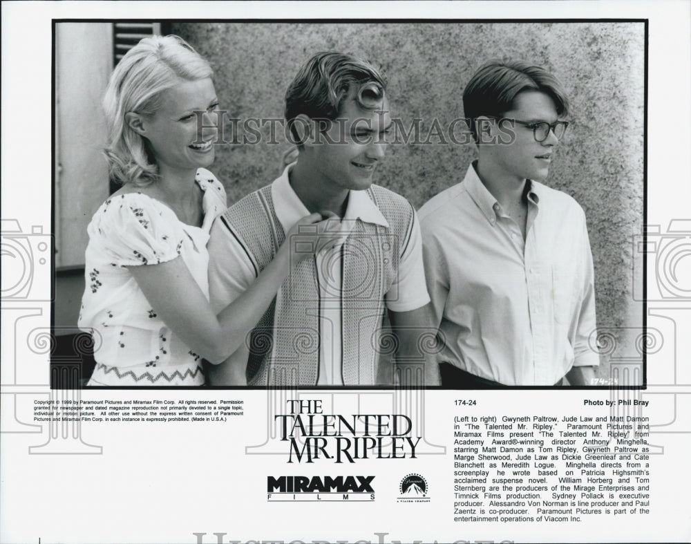 1999 Press Photo Gwyneth Paltrow, Jude Law, Matt Damon "The Talented Mr. Ripley" - Historic Images