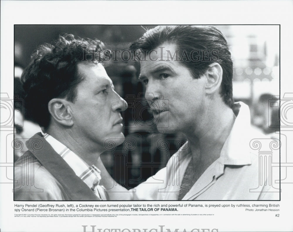 2001 Press Photo Geoffrey Rush, Pierce Brosnan &quot;The Tailor of Panama&quot; - Historic Images