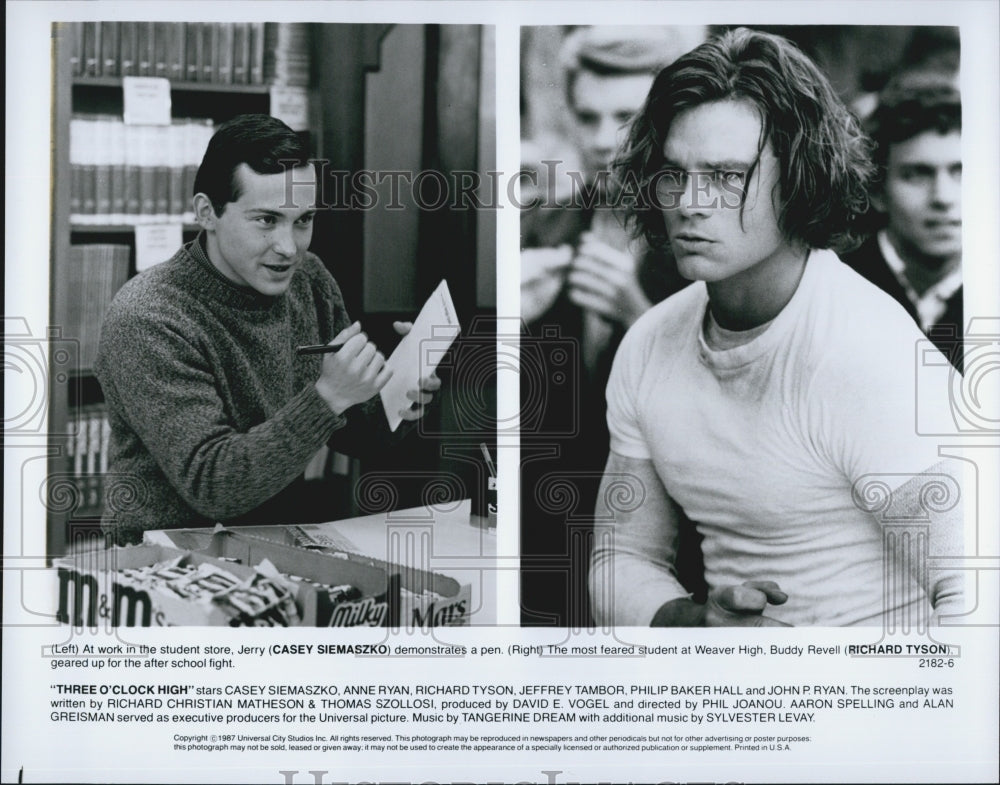 1987 Press Photo Actor Casey Siemaszko, Richard Tyson in &quot;3 O&#39;Clock High&quot; Film - Historic Images