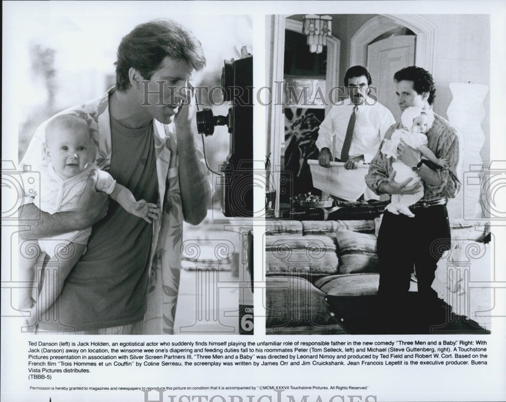 1987 Press Photo Actor Ted Danson, Tom Selleck in "Three Men and Baby" Film - Historic Images