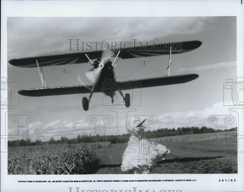 1985 Press Photo An airplane & a costumed duck in a Warner Bros. film - Historic Images