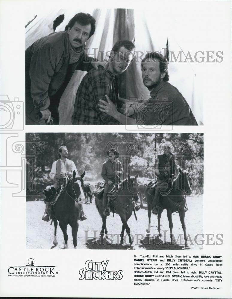 1991 Press Photo Bruno Kirby, Billy Crystal, Daniel Stern in "City Slickers" - Historic Images