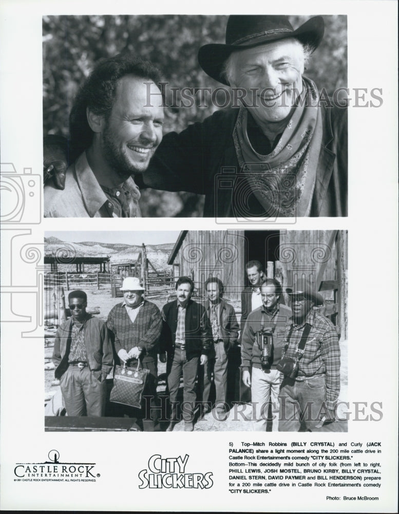 1991 Press Photo Billy Crystal, Jack Palance, Phill Lewis in "City Slickers" - Historic Images