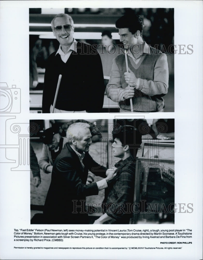 1986 Press Photo Actor Paul Newman, Tom Cruise in "The Color of Money" Film - Historic Images