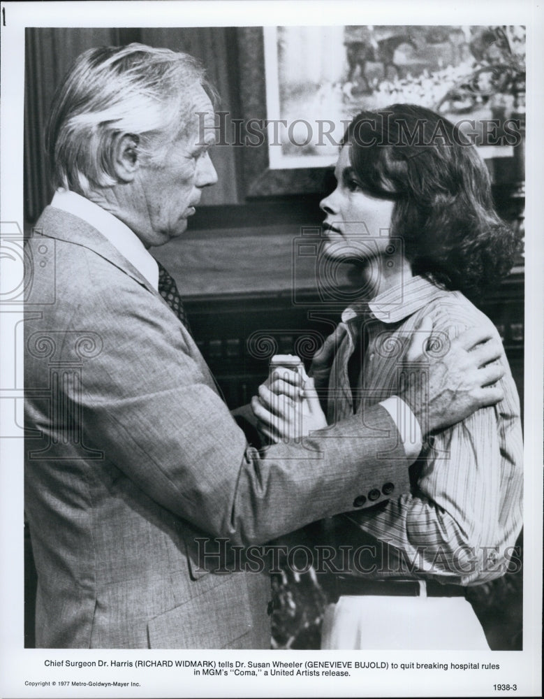 1977 Press Photo Actor Richard Widmark, Genevieve Bujold in "Coma" Film - Historic Images