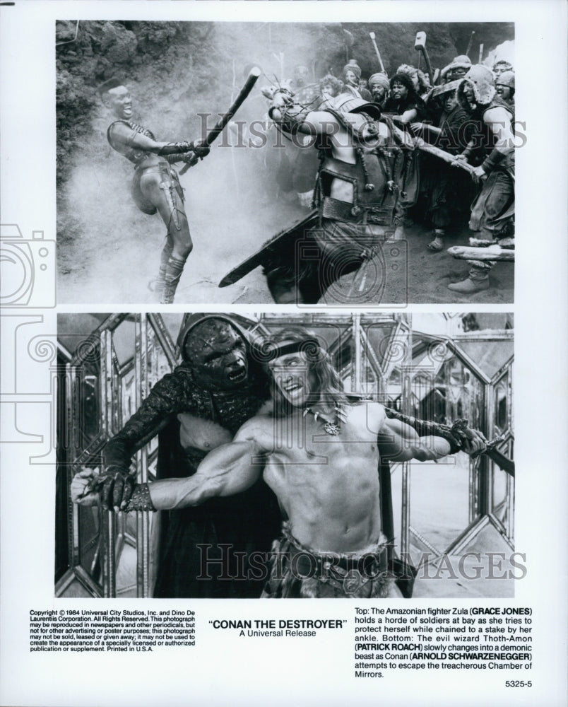 1984 Press Photo Grace Jones & Arnold Schwarzenegger in "Conan The Destroyer" - Historic Images