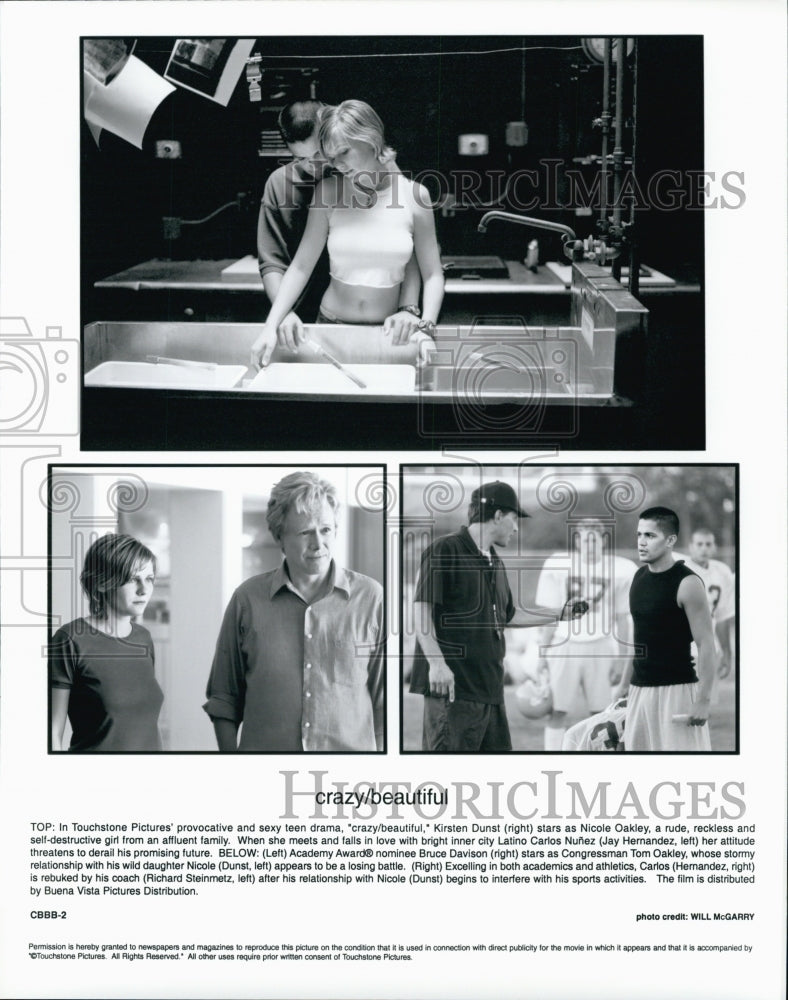 2001 Press Photo Kirsten Dunst, Jay Hernandez, Bruce Davison &quot;crazy/beautiful&quot; - Historic Images