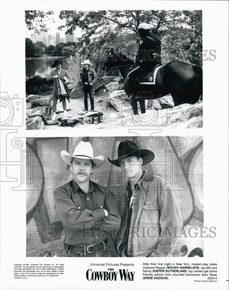 1994 Press Photo Woody Harrelson, Kiefer Sutherland &quot;The Cowboy Way&quot; - Historic Images