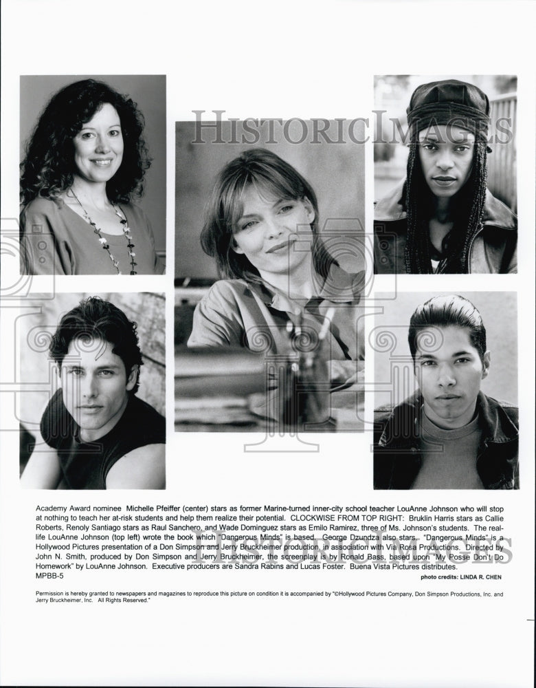 1995 Press Photo Michelle Pfeiffer, B. Harris, R. Santiago &quot;Dangerous Minds&quot; - Historic Images