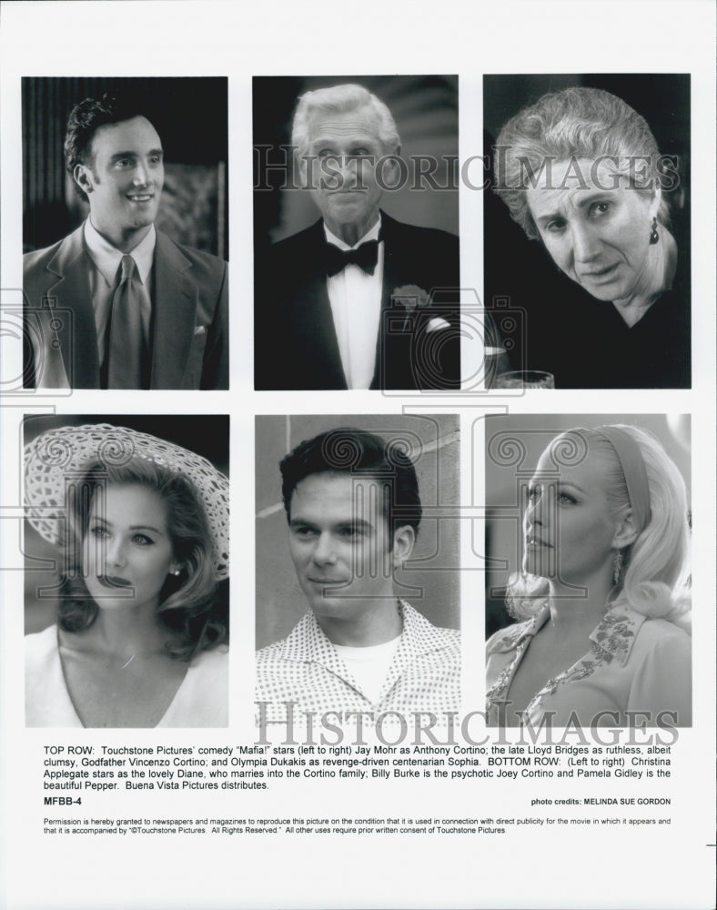 Press Photo Jay Mohr Lloyd Bridges Billy Burke and Olympia Dukakis in &quot;Mafia&quot; - Historic Images