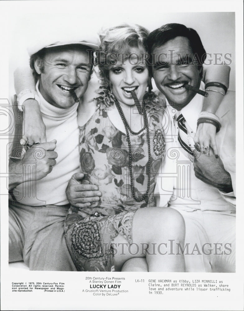 1975 Press Photo Gene Hackman Liza Minnelli and Burt Reynolds in "Lucky Lady" - Historic Images