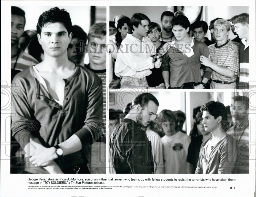 1991 Press Photo actor George Perez in scenes from the film Toy Soldiers - Historic Images