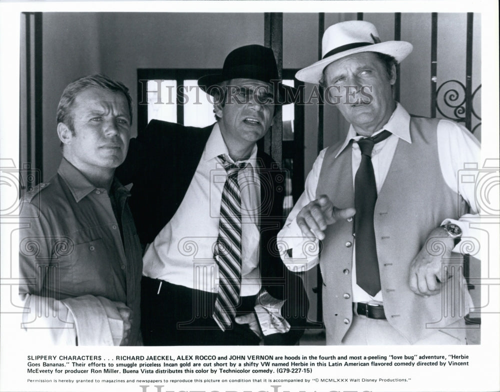 1980 Press Photo Richard Jaeckel, Alex Rocco, John Vernon in Herbie Goes Bananas - Historic Images