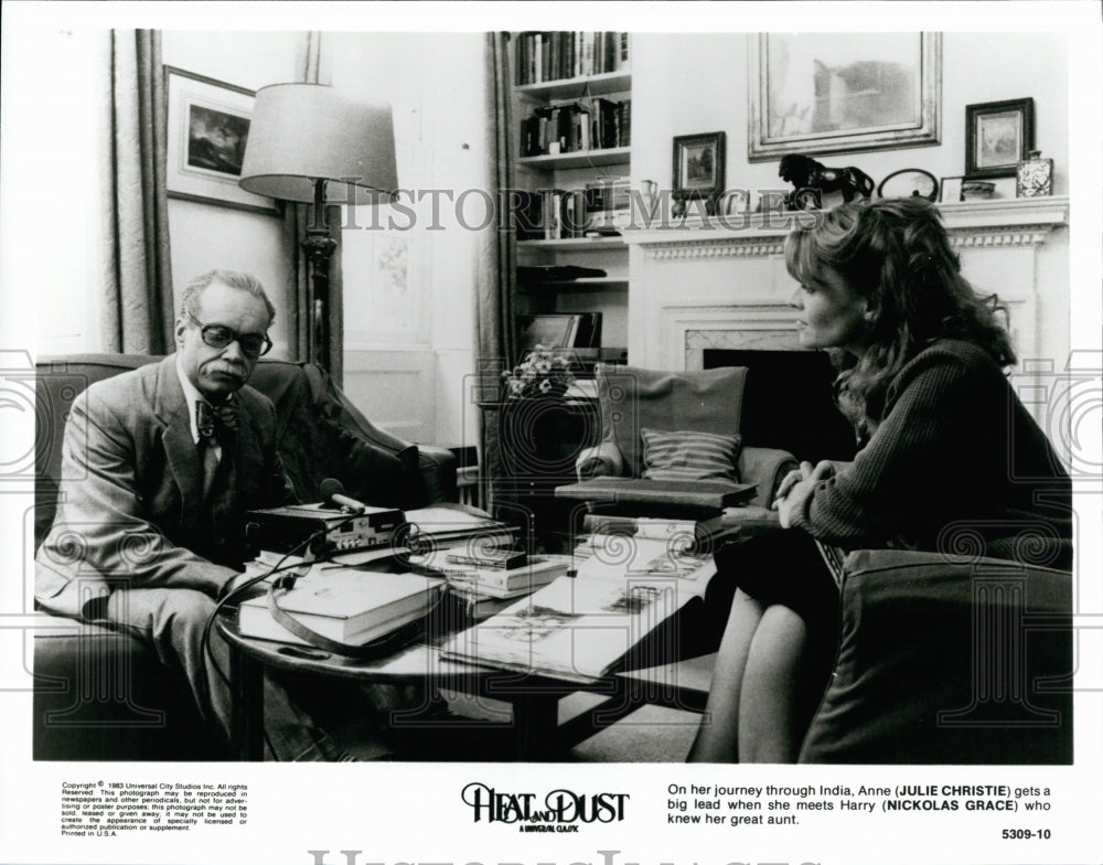 1983 Press Photo Actor Nickolas Grace, Julie Christie in "Heat and Dust" Film - Historic Images