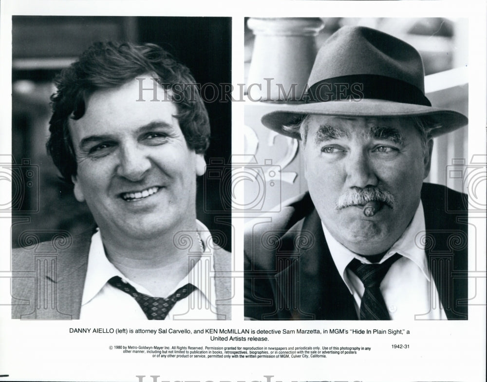 1980 Press Photo Actors Danny Aiello and Ken McMillan Hide In Plain Sight Movie - Historic Images