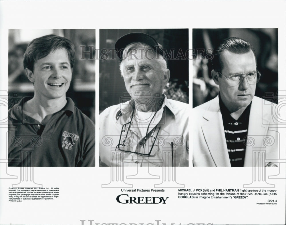 1994 Press Photo Michael J. Fox, Phil Hartman And Kirk Douglas In Movie &quot;Greedy&quot; - Historic Images