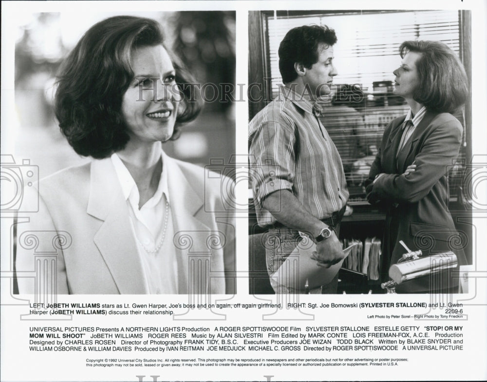 1992 Press Photo Jobeth Williams, Sylvester Stallone &quot;Stop or My Mom Will Shoot&quot; - Historic Images