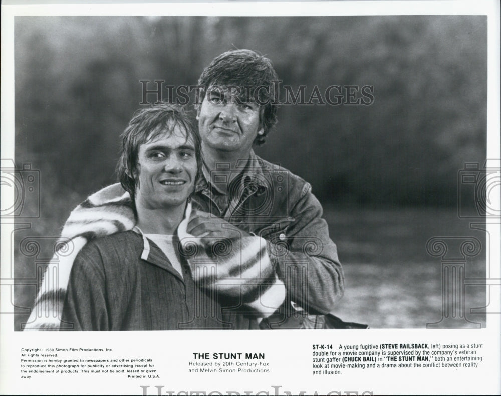 1980 Press Photo Actors Steve Railsback And Chuck Bail In Movie "The Stunt Man" - Historic Images