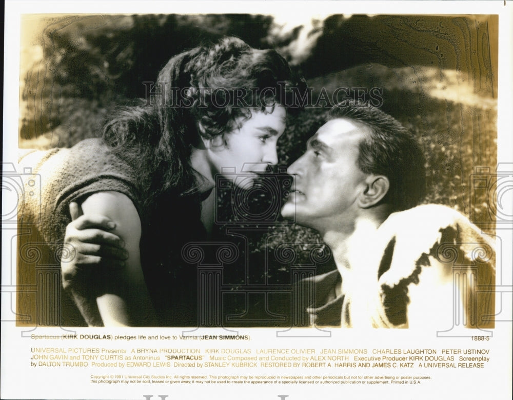 1991 Press Photo Actress Jean Simmons, Kirk Douglas in "Spartacus" Film - Historic Images