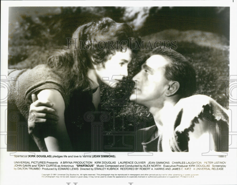 1991 Press Photo Actress Jean Simmons, Kirk Douglas in "Spartacus" Film - Historic Images