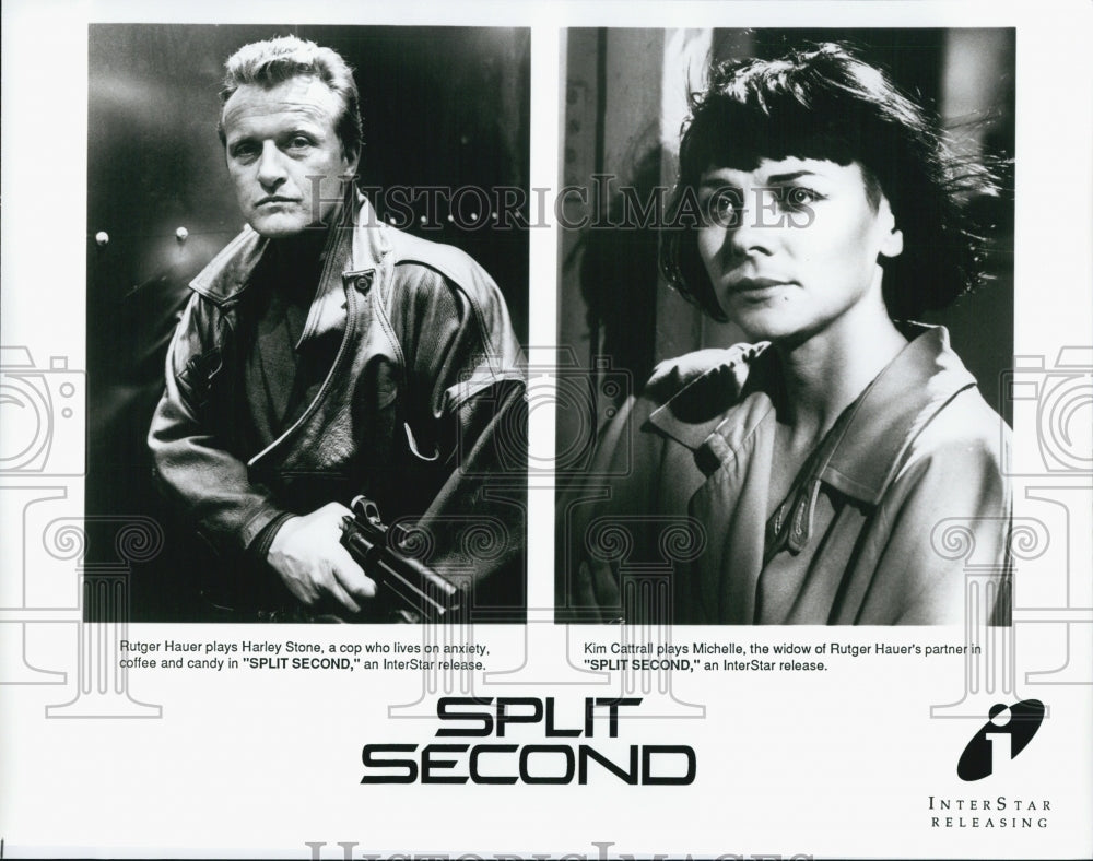 1992 Press Photo Rutger Hauer and Kim Cattrall star in the movie "Split Second" - Historic Images