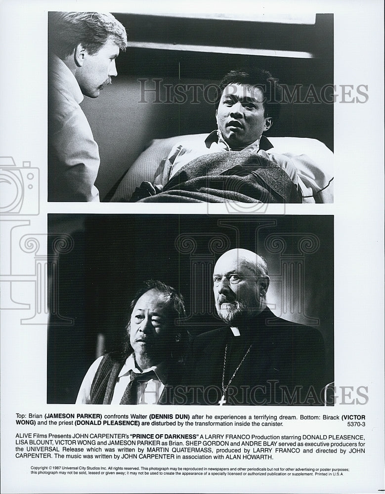 1987 Press Photo Donald Pleasence Lisa Blount Victor Wong Jameson Parker Star in - Historic Images